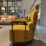Beige Tufted Leather Sofa Collection with Yellow Velvet Accent Chairs & Stainless Steel Frames